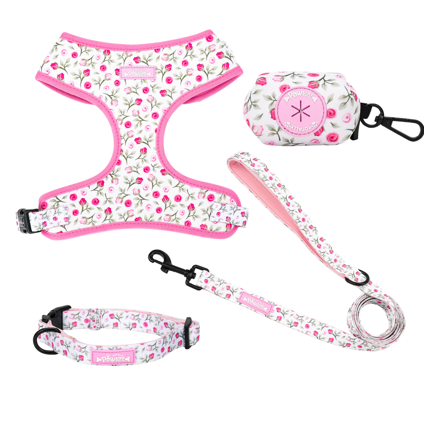 Rose Garden - 4 Piece Bundle - Harness, Collar, Lead & Poop Bag Holder
