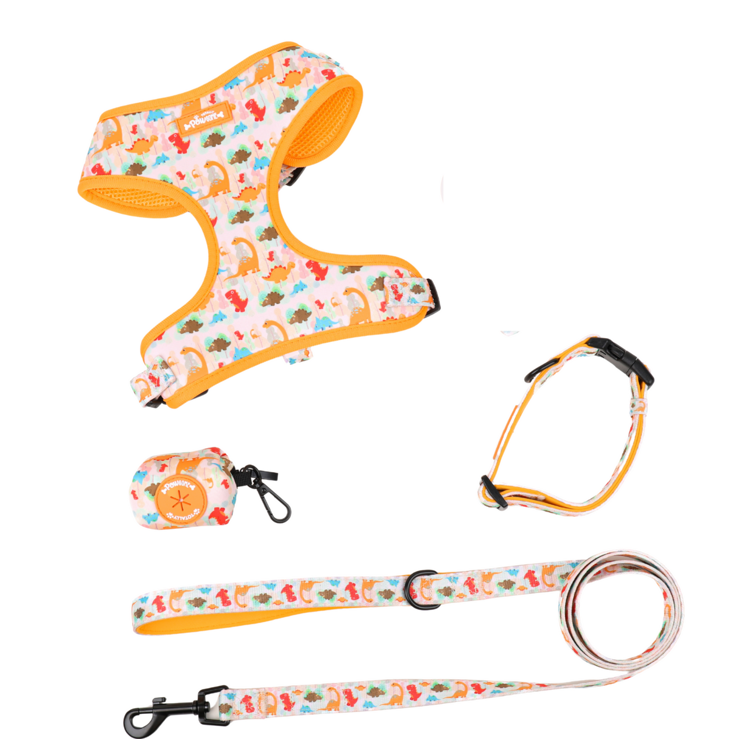 DinoPaws - 4 Piece Harness Bundle (Harness, Collar, Lead & Poop Bag Holder)