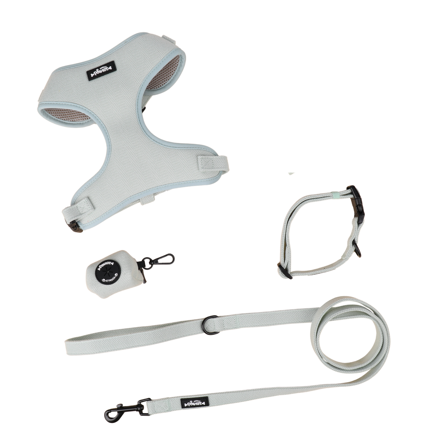 Green Tweed - 4 Piece Harness Bundle (Harness, Collar, Lead and Poop Bag Holder)