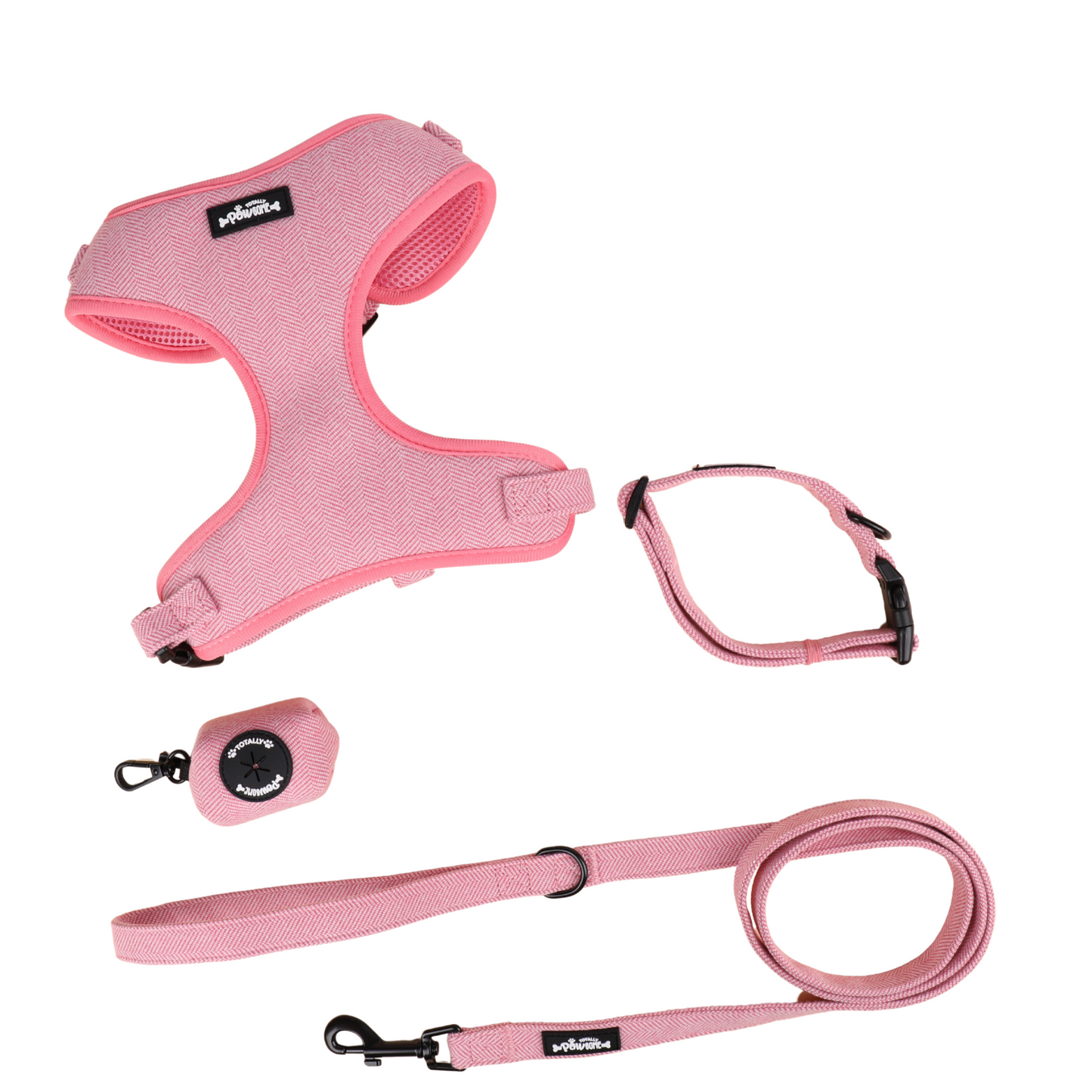 Pink Tweed 4 Piece Harness Bundle (Harness, Collar, Lead and Poop Bag Holder)