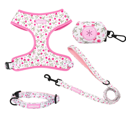 Rose Garden - 4 Piece Bundle - Harness, Collar, Lead & Poop Bag Holder