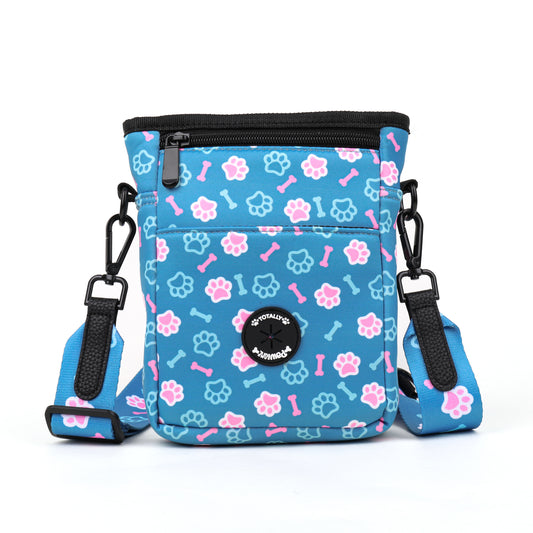 blue and pink cross body bag for dog and puppy walking