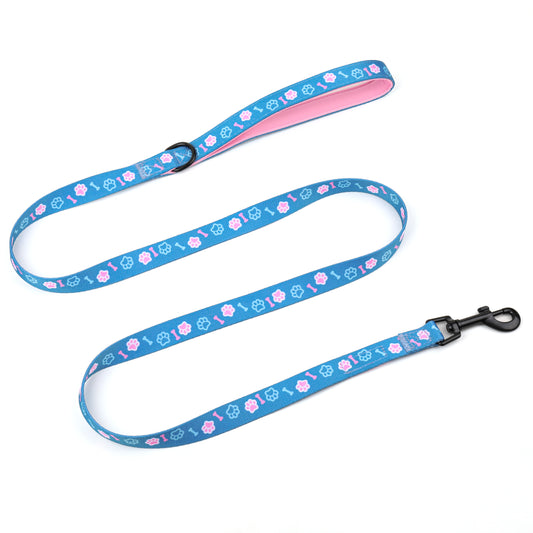 blue and pink dog lead featuring padded pink handle