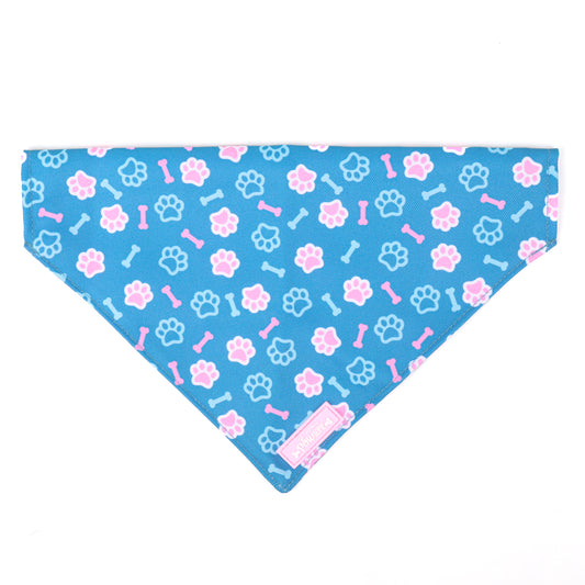 blue dog bandana featuring paws and bone design in pink and blue
