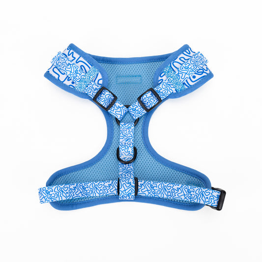 Blue dog harness with white and blue pattern on a white background