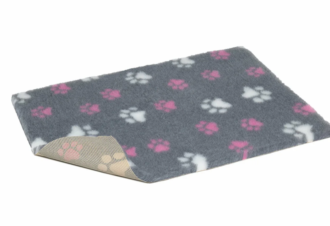 vet bed, grey with pink and white paws