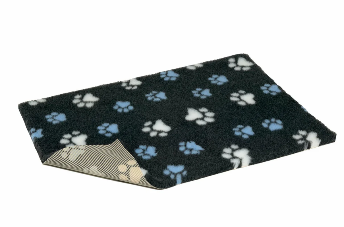 vet bed - charcoal with blue and white paws